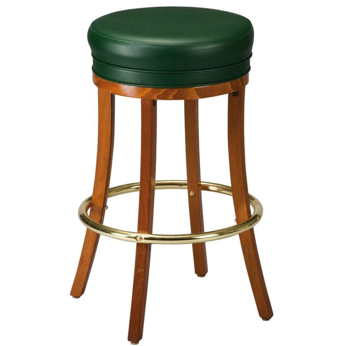 Backless beech wood bar stool in medium stain with a green leather seat, featuring warm wood tones and a durable handcrafted design suitable for commercial or home spaces.