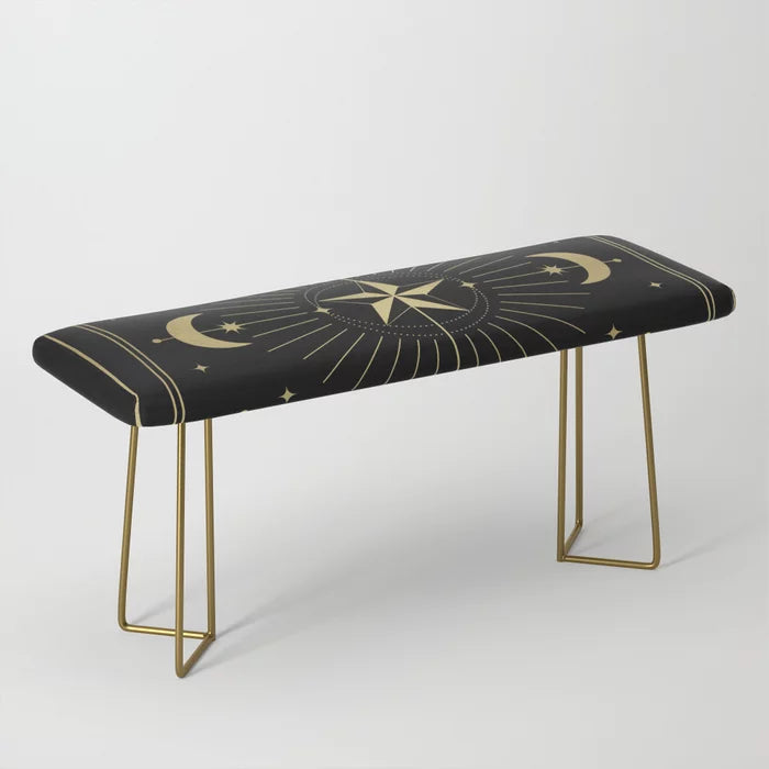 L’Etoile or The Star Tarot Gold Bench by Cafelab with gold steel legs – luxurious handcrafted seating featuring celestial artwork ideal for hotel lobbies, upscale bars, and modern cafés