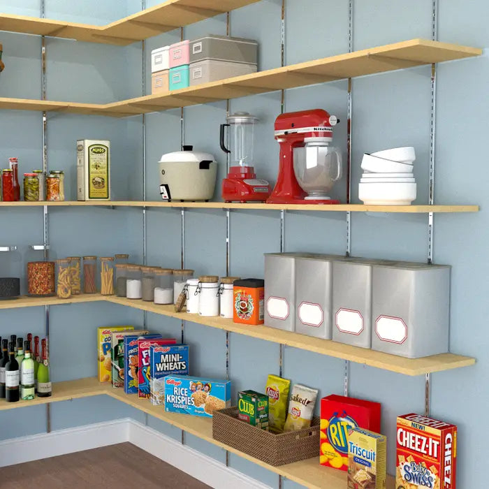 Display view of universal-standard shelf brackets highlighting their satin finish and sturdy construction used in retail and hospitality shelving layouts.