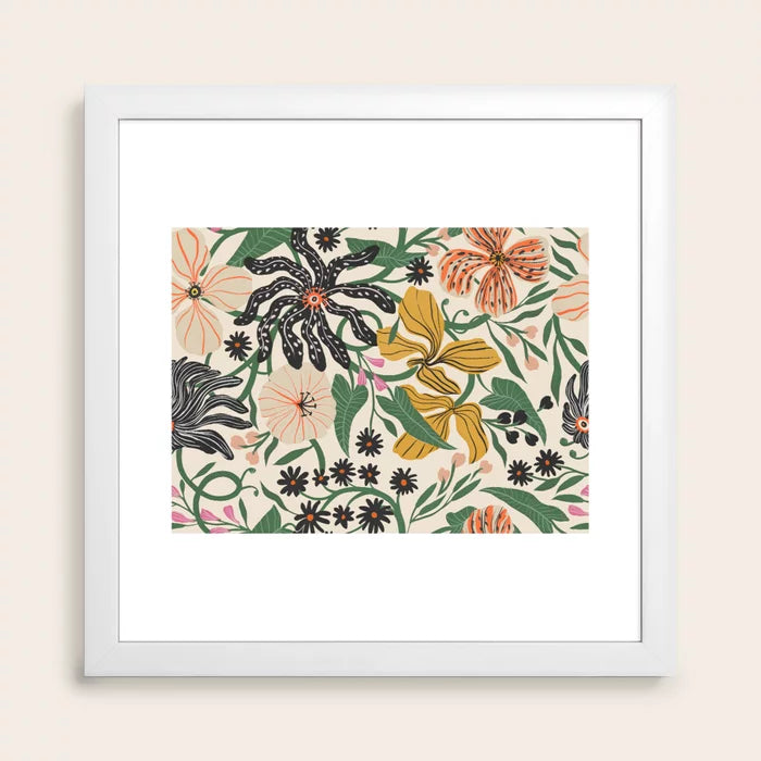 Merrick Floral crème art print with a clean white frame, perfect for cafés, hotel rooms, and bright dining spaces