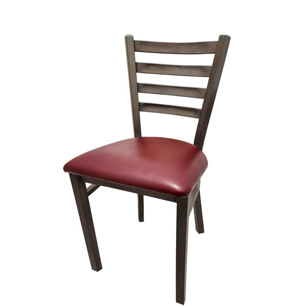 Front view of Metalwood Ladderback restaurant chair with driftwood faux wood finish and wine vinyl seat. Refined, durable seating for dining and hospitality spaces.