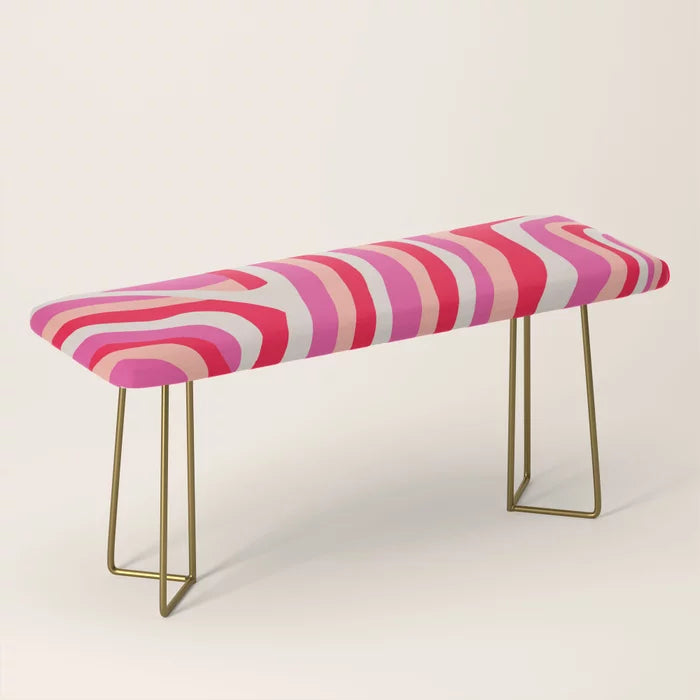 Pink Zebra Stripes Bench by Sunshine Canteen with gold steel legs – bold vintage-inspired seating design ideal for hotel lobbies, bar areas, and stylish cafés