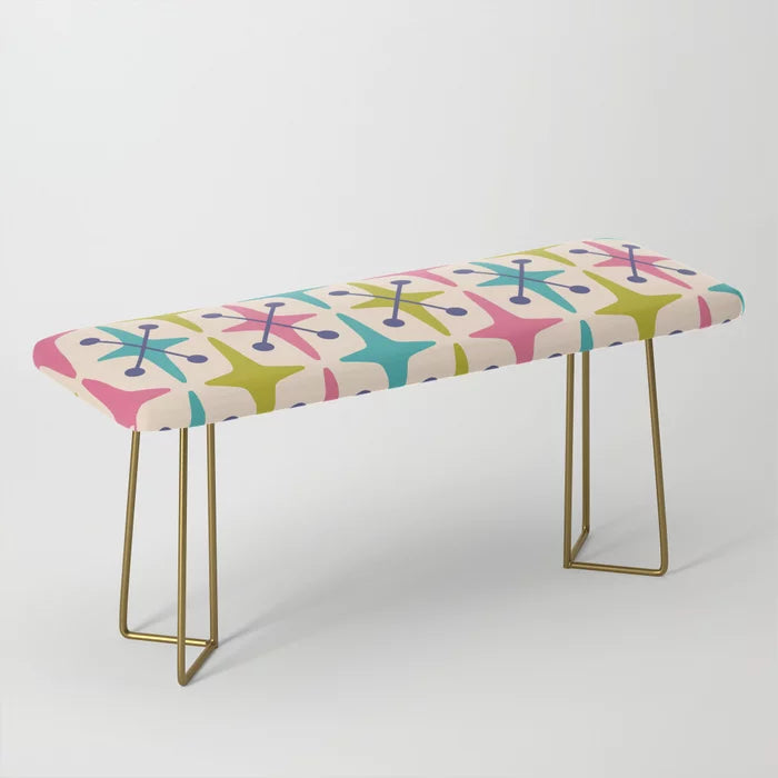 Populuxe Pink Green and Blue Bench by Tony Magner with gold steel legs – retro-inspired vegan leather bench perfect for hotel lobbies, bar seating areas, and vintage-style cafés