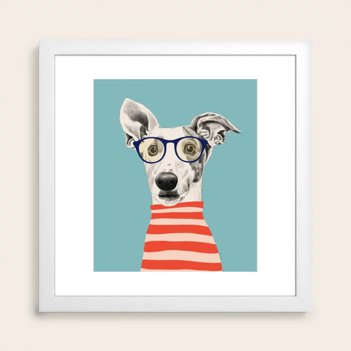 Portrait of a Greyhound Dog II Art Print by El buen limon in white frame, minimalist and refined artwork for hotel lobbies, coffee houses, and dining spaces.