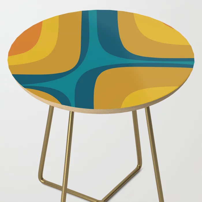 Retro Groove Mustard Teal Side Table by Kierkegaard Design Studio with gold steel legs – elegant retro abstract table ideal for hotel lobbies, bar spaces, and stylish café interiors