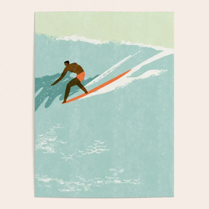 Riding Giants Poster by Tasiania featuring bold surf art design with ocean waves and surfers printed on high-quality gloss paper