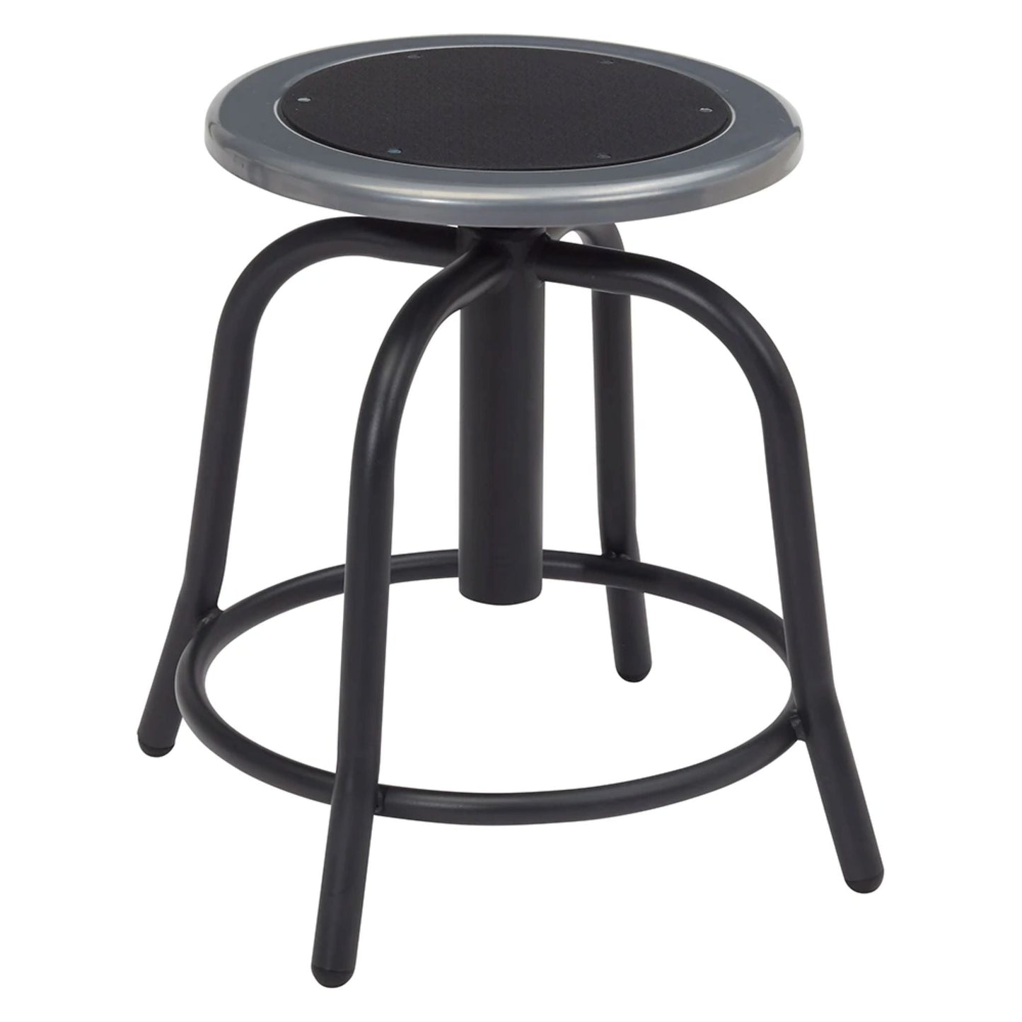 Round adjustable swivel stool with black steel seat, black metal base, and footrest ring for commercial use.