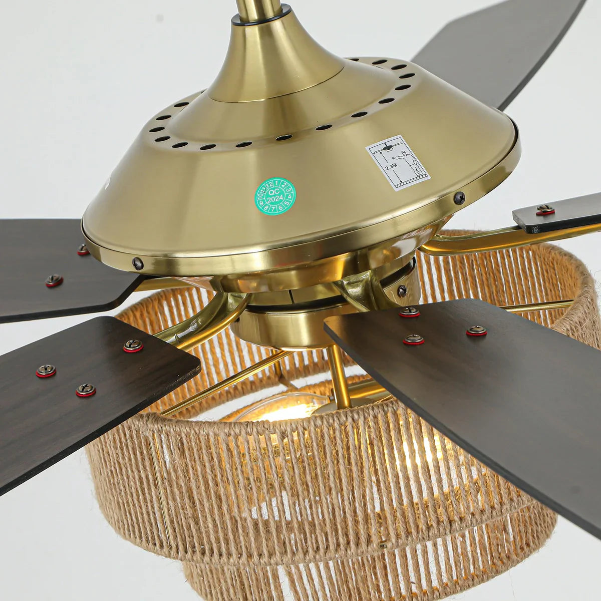 Golden farmhouse ceiling fan with quiet DC motor and woodgrain reversible blades