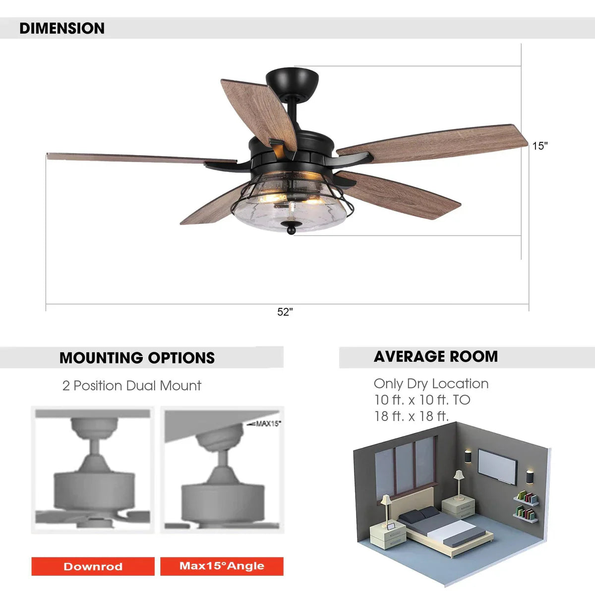 52-Inch Industrial Ceiling Fan with Lighting and Remote Control – Downrod Mount Design with Reversible Blades
