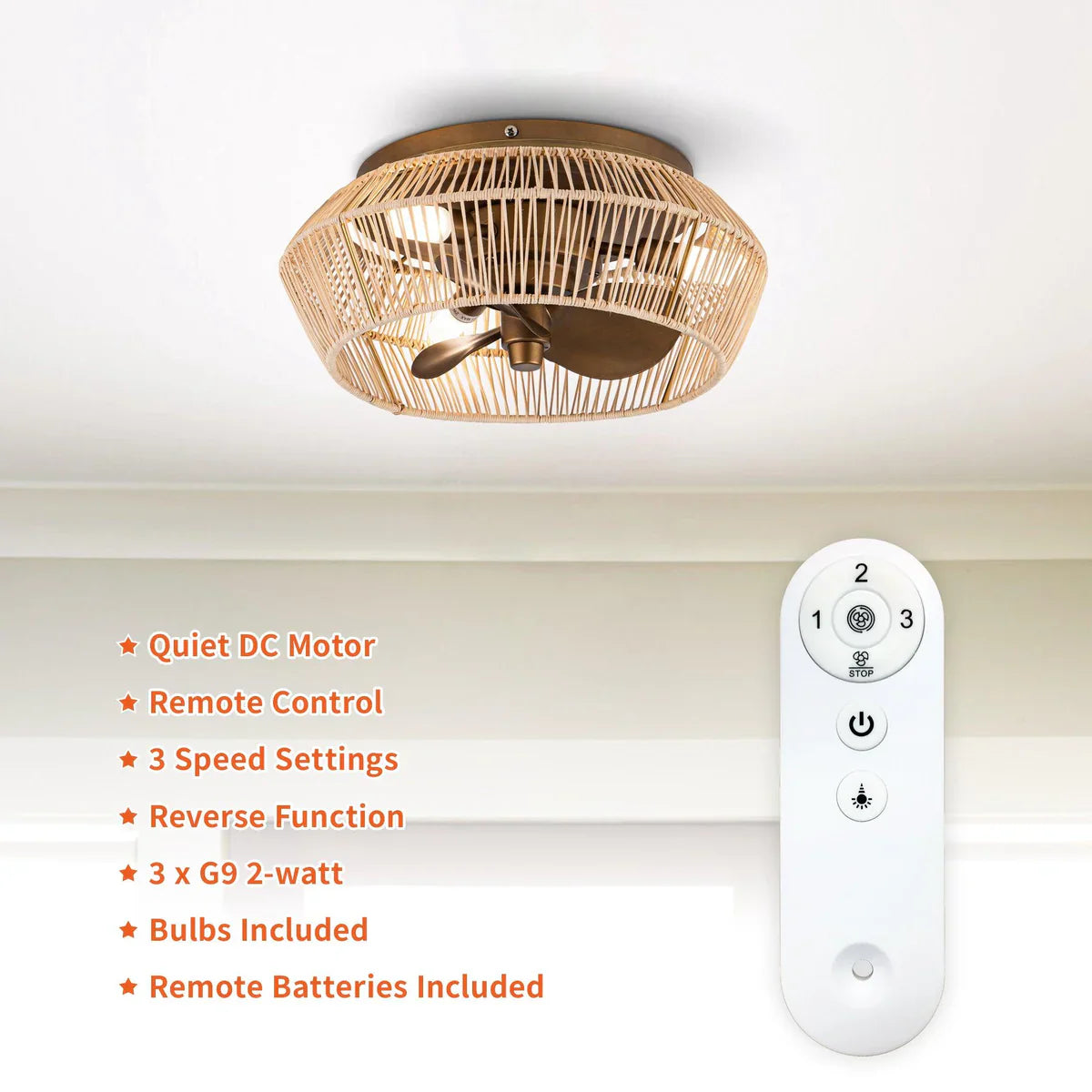 Compact ceiling fan with rattan shade and LED illumination for restaurant interiors with remote control