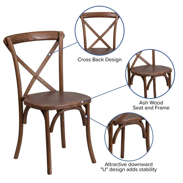 Rustic solid pine dining table set with 10 ash wood cross-back chairs for banquet use with chair construction specifications