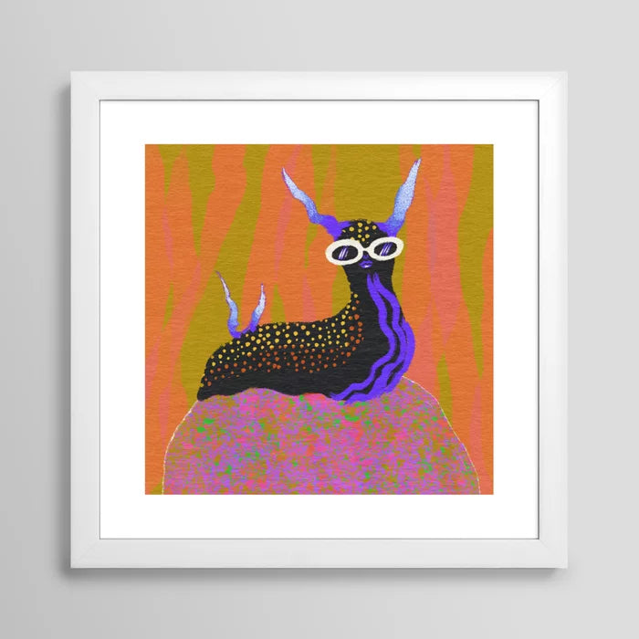 Sea Slug art print by Blindthesun in white frame offering clean, minimalist presentation for modern interiors