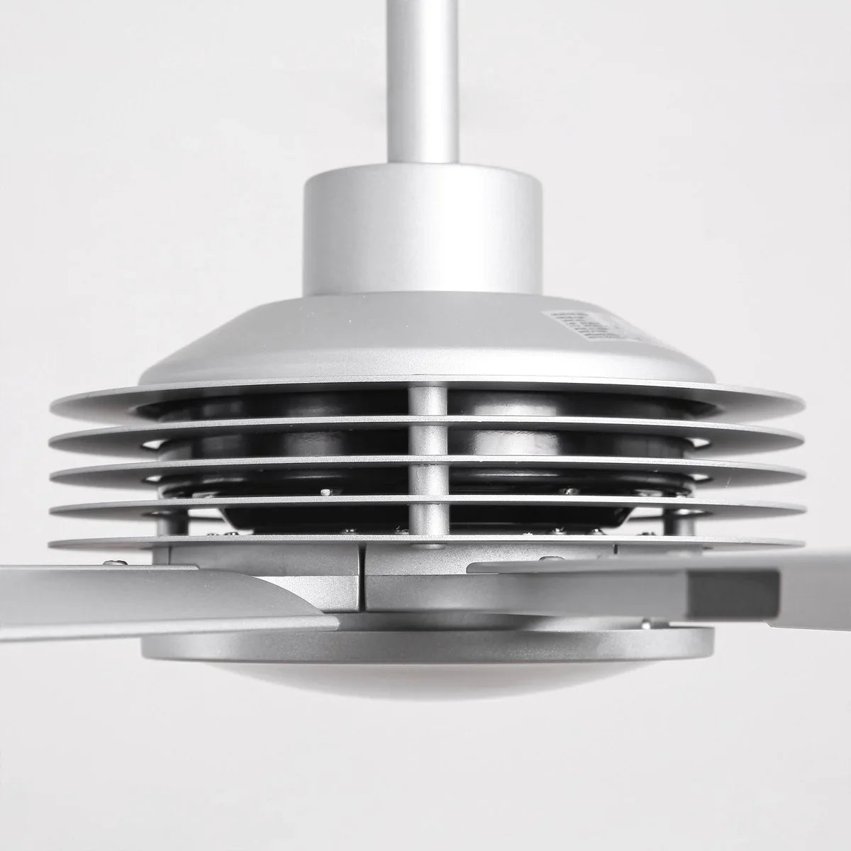 Large silver industrial ceiling fan with 7-blade design for event venues, restaurants, or lofts
