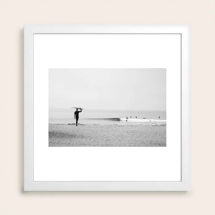 Surf Malibu Art Print by David Tribby in white frame, minimalist coastal wall art capturing Malibu surf culture and ocean-inspired interiors