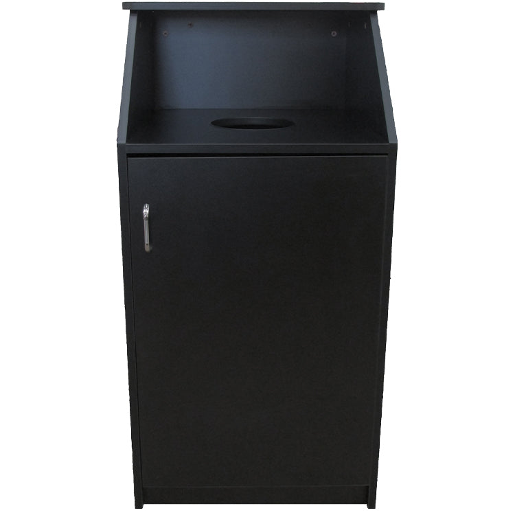 Waste receptacle with tray shelf and 8-inch drop-off hole for food service areas