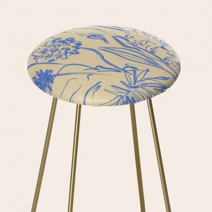 Above view of the Wild Bouquet Stool by Sandra Poliakov showing artistic floral pattern on vegan leather cushion, perfect for restaurants, hotel dining areas, and cafés
