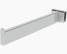 12-inch rectangular tubing faceout in a polished chrome finish, showing the saddle bracket and forward-facing display arm for hanging apparel.