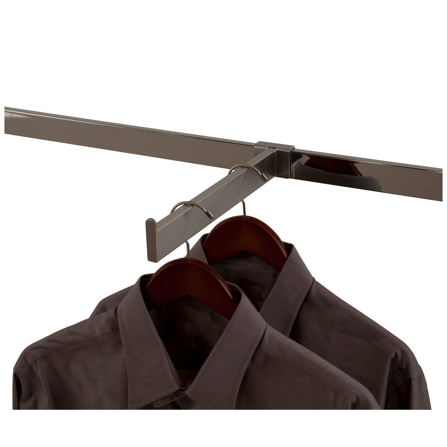 12-inch rectangular tubing faceout in a satin chrome finish, showing the smooth display arm and saddle bracket used for face-forward apparel merchandising.