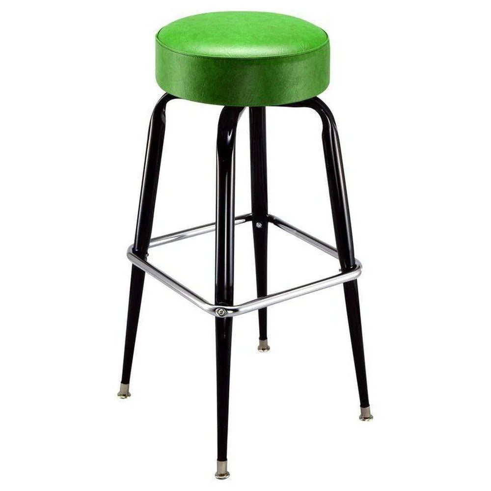 Backless swivel bar stool with round upholstered seat and steel cross-leg base
