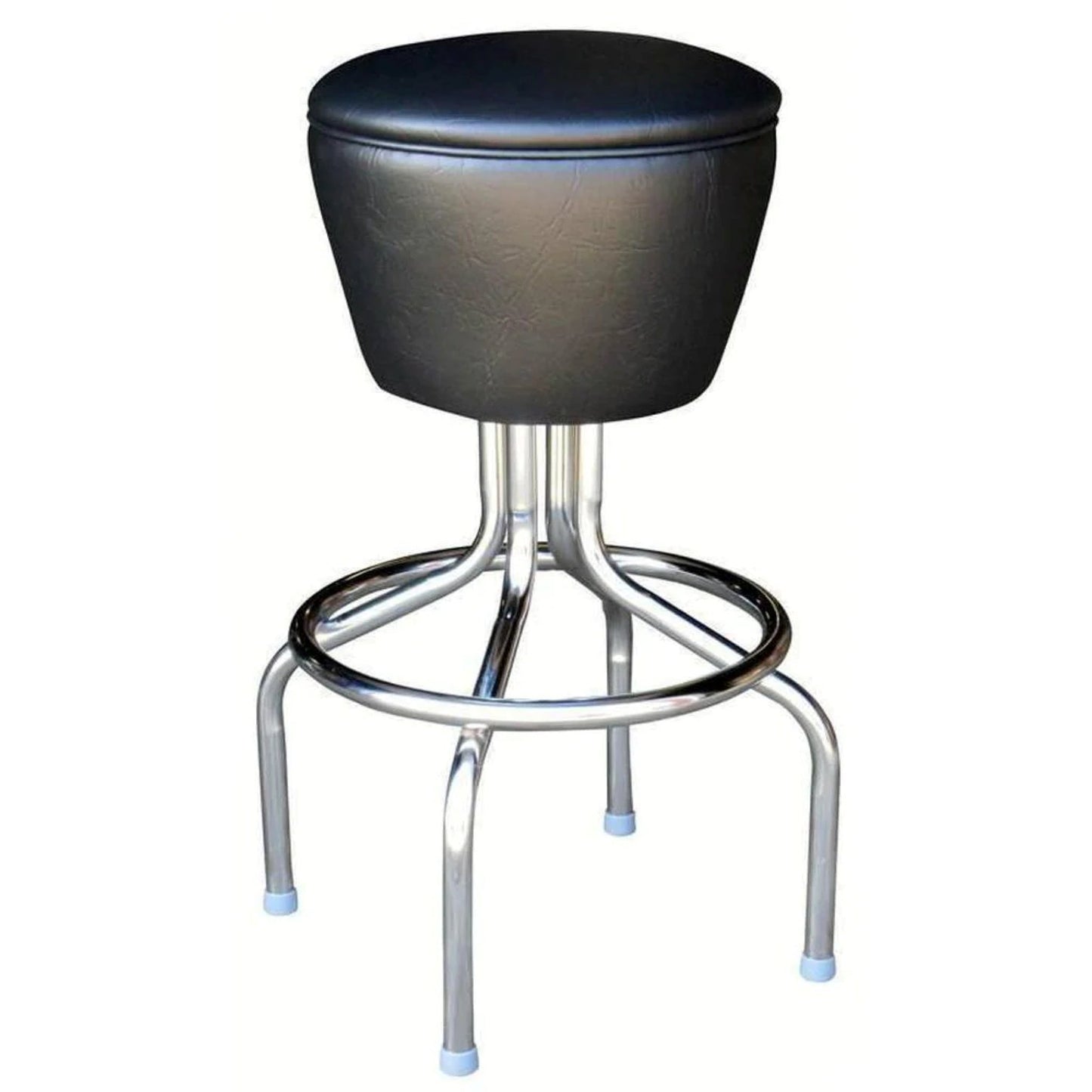 Backless drum-seat bar stool with padded round seat and long-neck steel frame