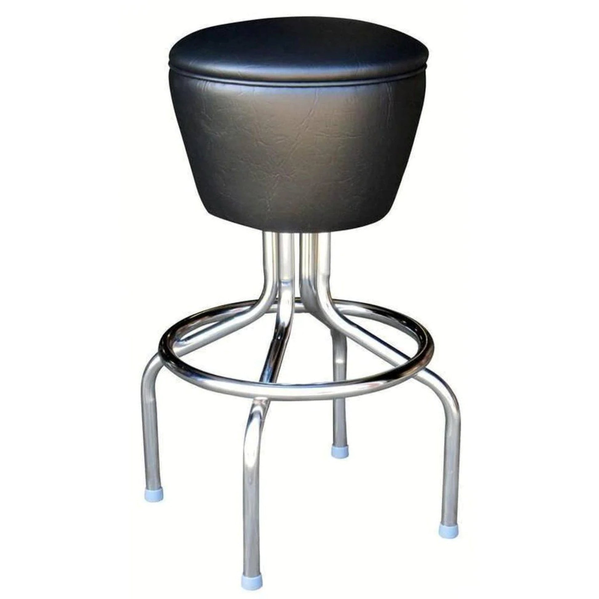 Backless drum-seat bar stool with padded round seat and long-neck steel frame