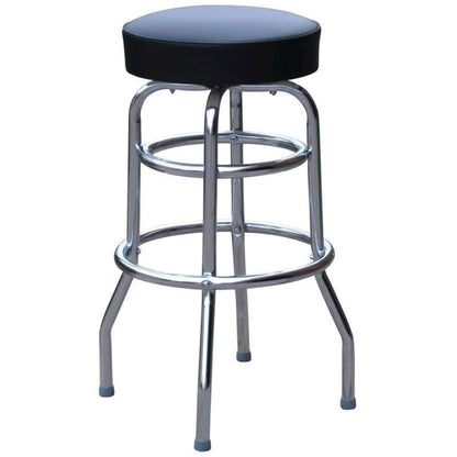 Retro double-ring swivel bar stool with black vinyl seat and chrome frame