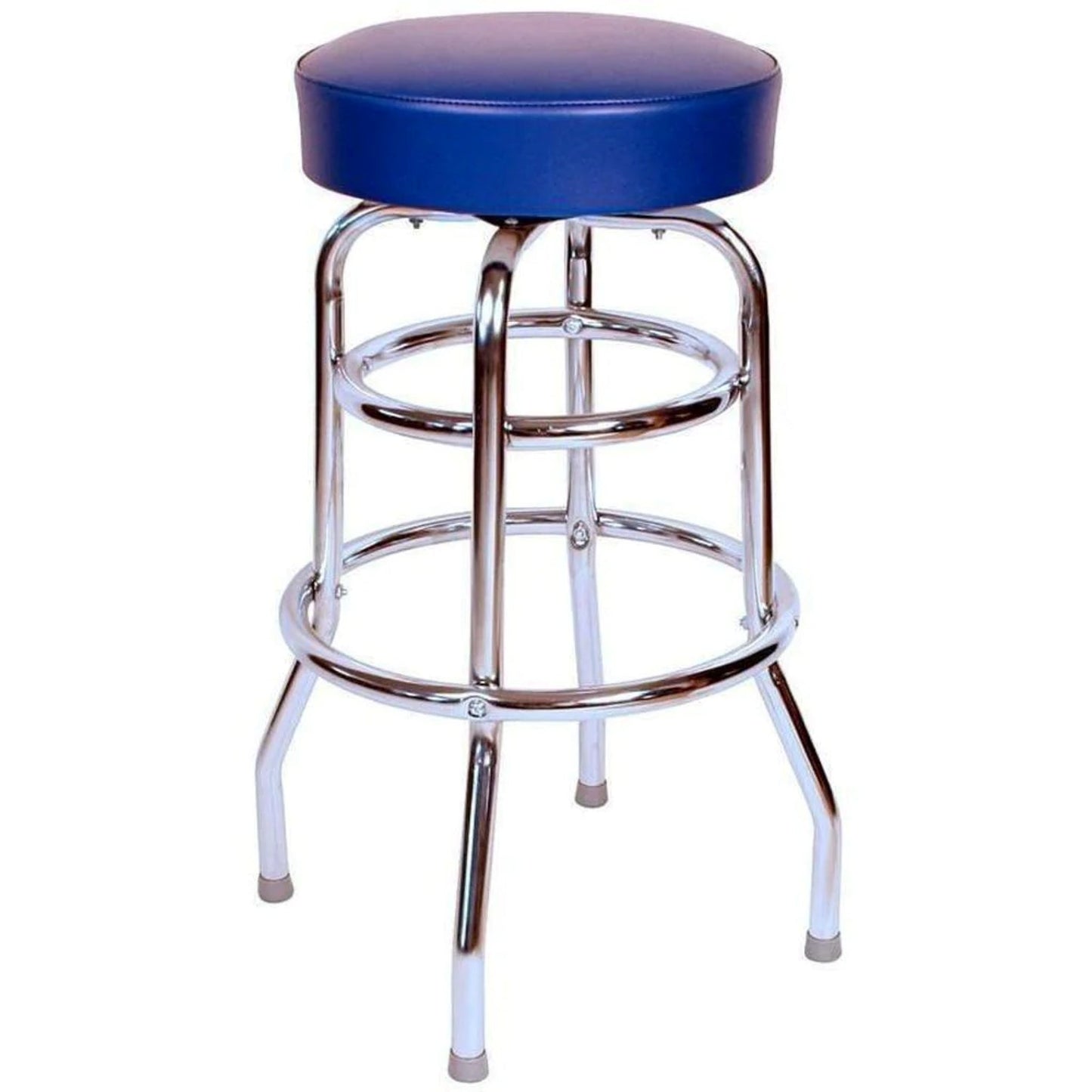 Vintage blue vinyl bar stool with padded round seat and metal base