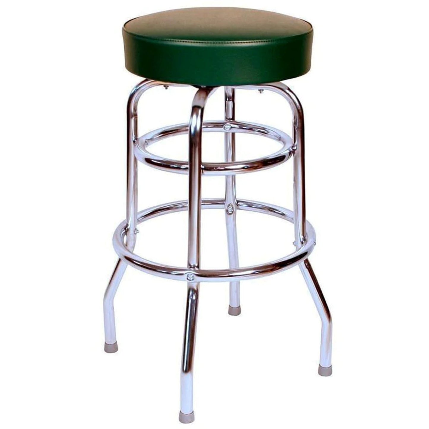 Retro double-ring swivel bar stool with green vinyl seat and chrome frame