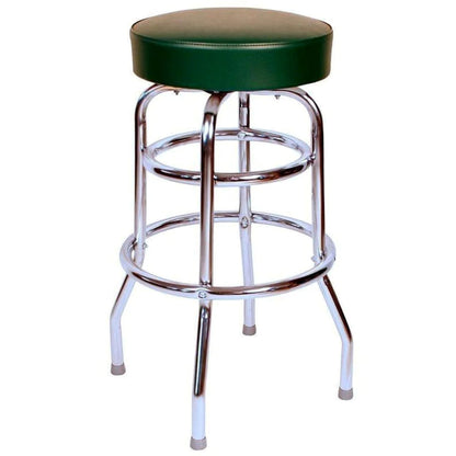 Retro double-ring swivel bar stool with green vinyl seat and chrome frame