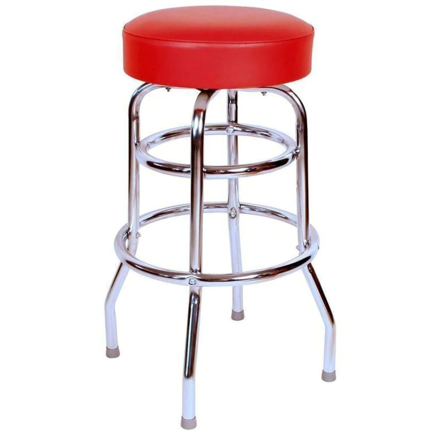 Retro double-ring swivel bar stool with red vinyl seat and chrome frame
