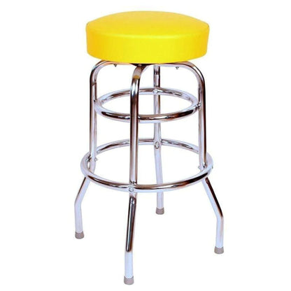 Vintage yellow upholstered bar stool with round seat and double-ring design