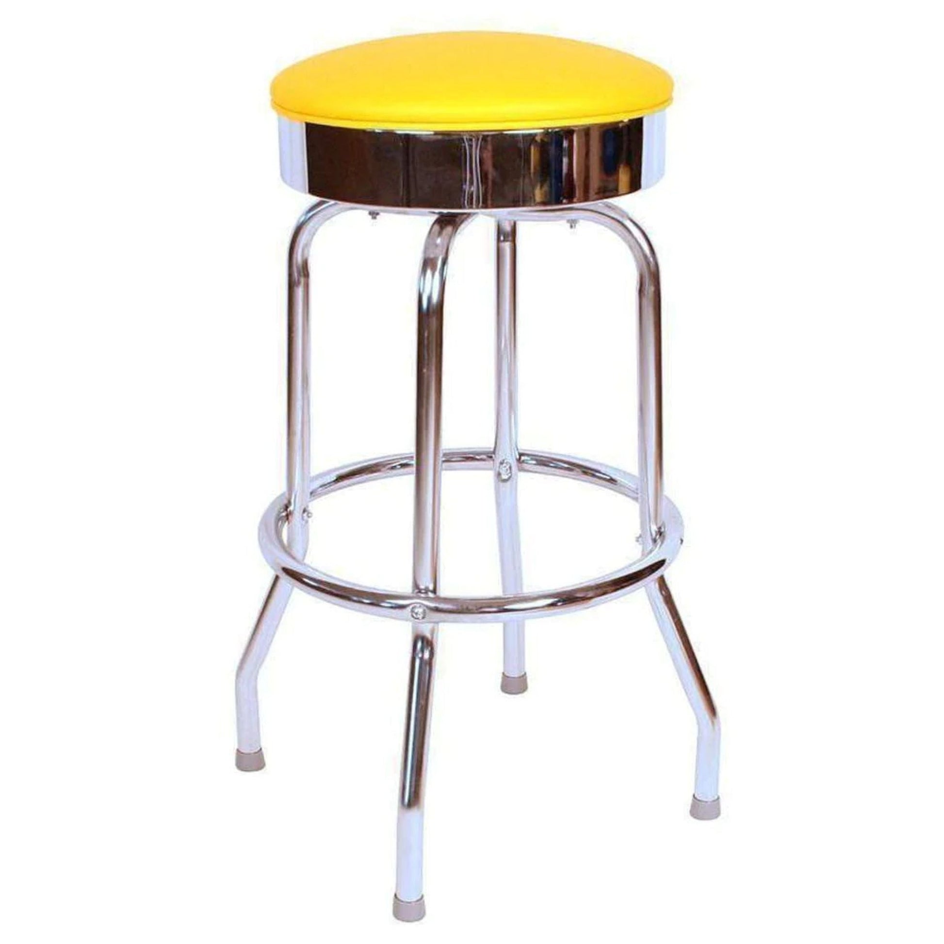 Retro 1950s swivel bar stool with chrome flat pan and upholstered round seat