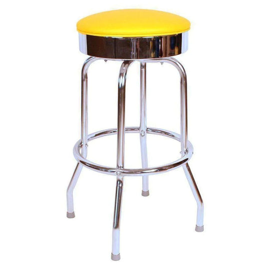 Retro 1950s swivel bar stool with chrome flat pan and upholstered round seat