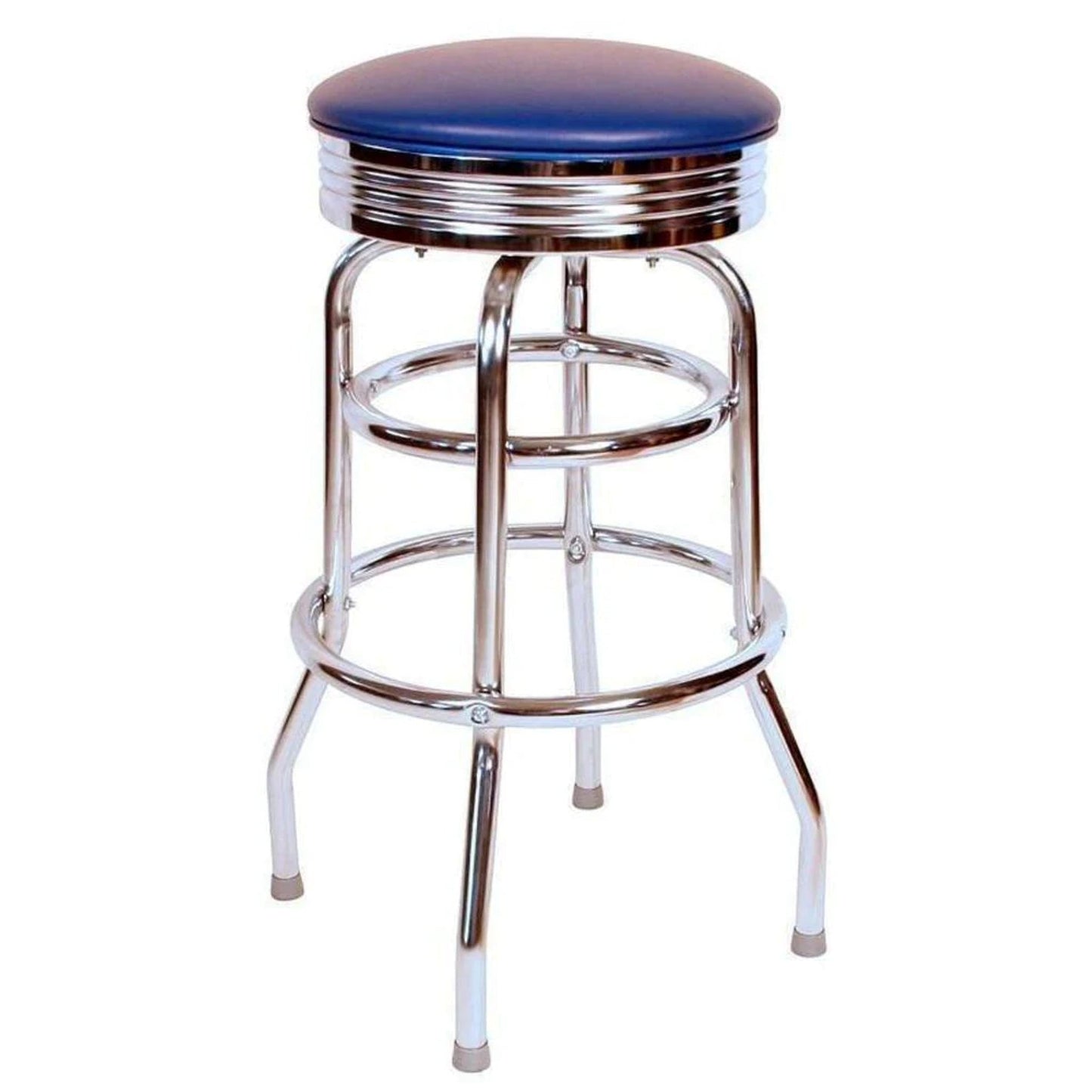 Retro chrome double-ring swivel bar stool with blue vinyl seat