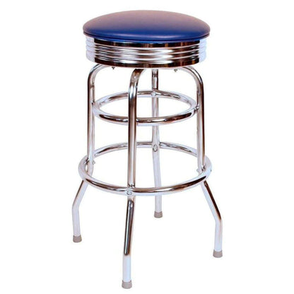 Retro chrome double-ring swivel bar stool with blue vinyl seat