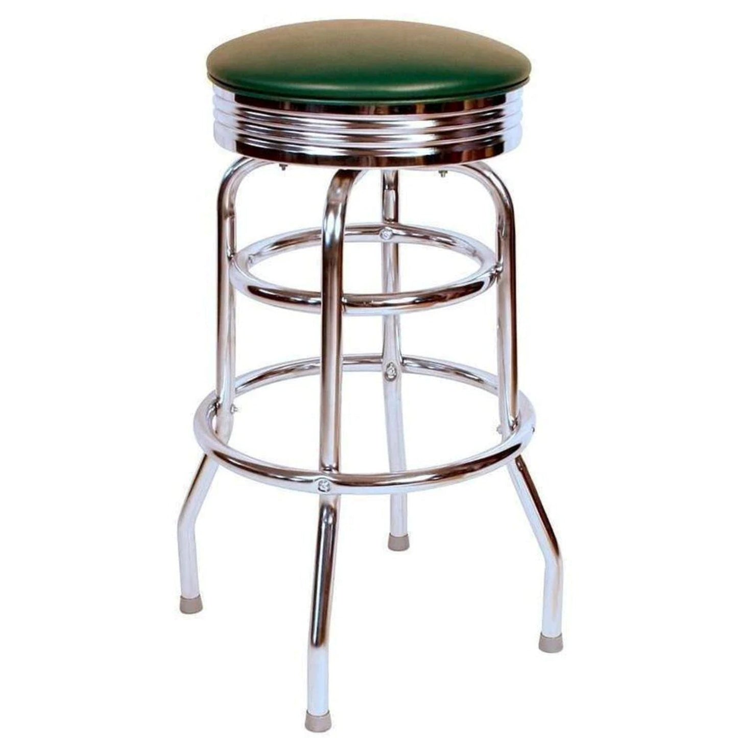 Retro chrome double-ring swivel bar stool with green vinyl seat