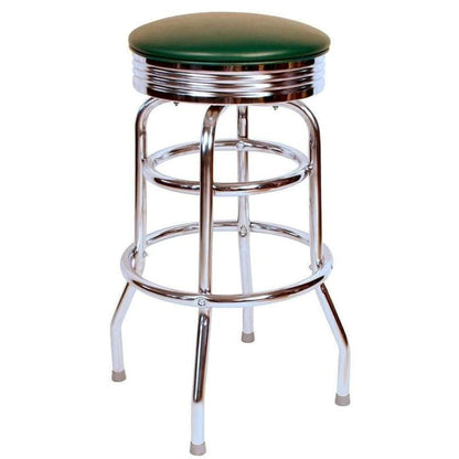 Retro chrome double-ring swivel bar stool with green vinyl seat