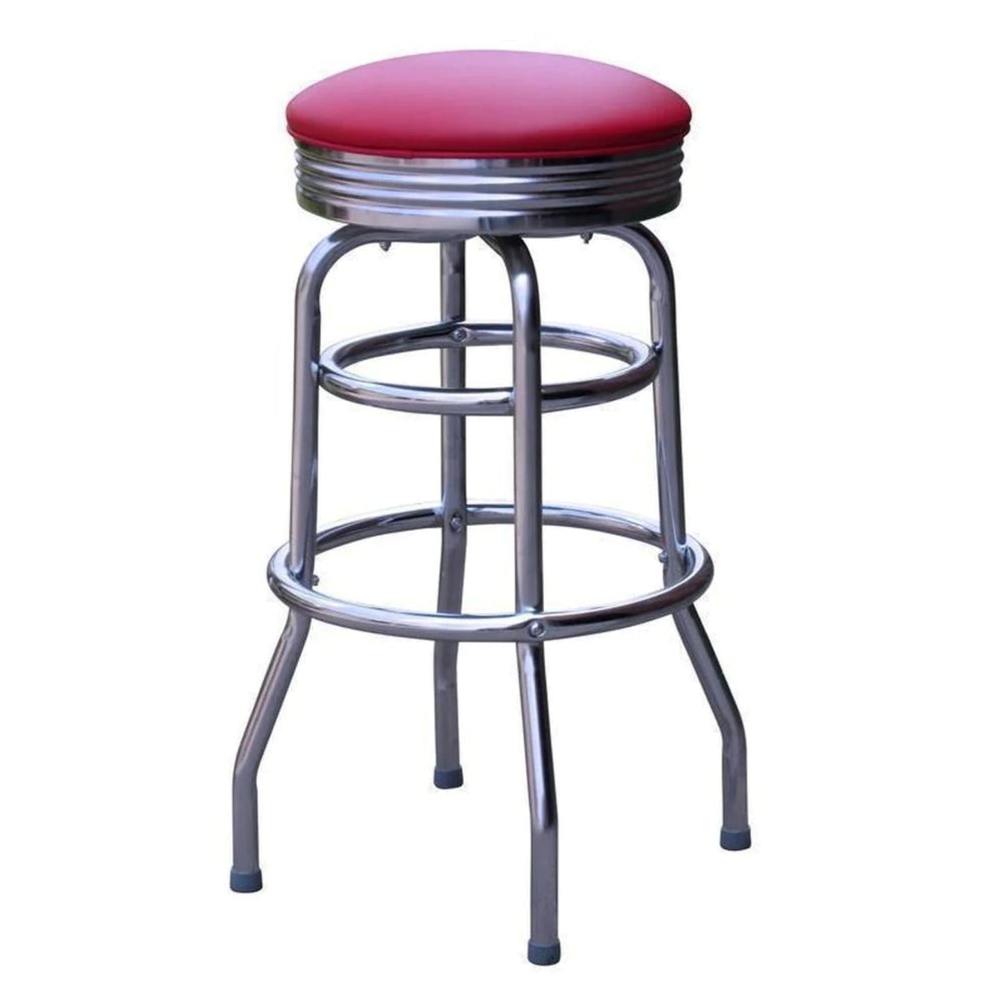 Retro chrome double-ring swivel bar stool with red vinyl seat and accent piping
