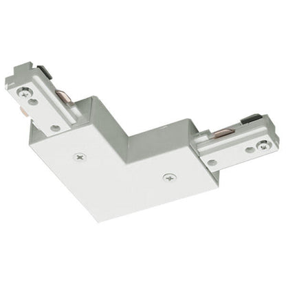 2-way L-connector for single-circuit track lighting in a white finish, featuring the right-angle connection ports for linking two single-circuit track sections.
