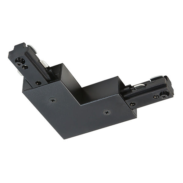2-way L-connector for single-circuit track lighting in a black finish, showing the 90-degree corner design used to join two track sections.