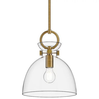 Glass pendant light in clear finish with dual glass domes and a polished metal ring, shown suspended for use in restaurants or bars.