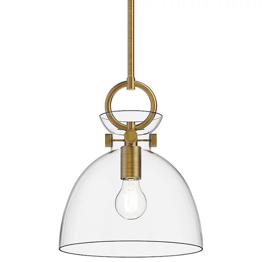 Glass pendant light in clear finish with dual glass domes and a polished metal ring, shown suspended for use in restaurants or bars.