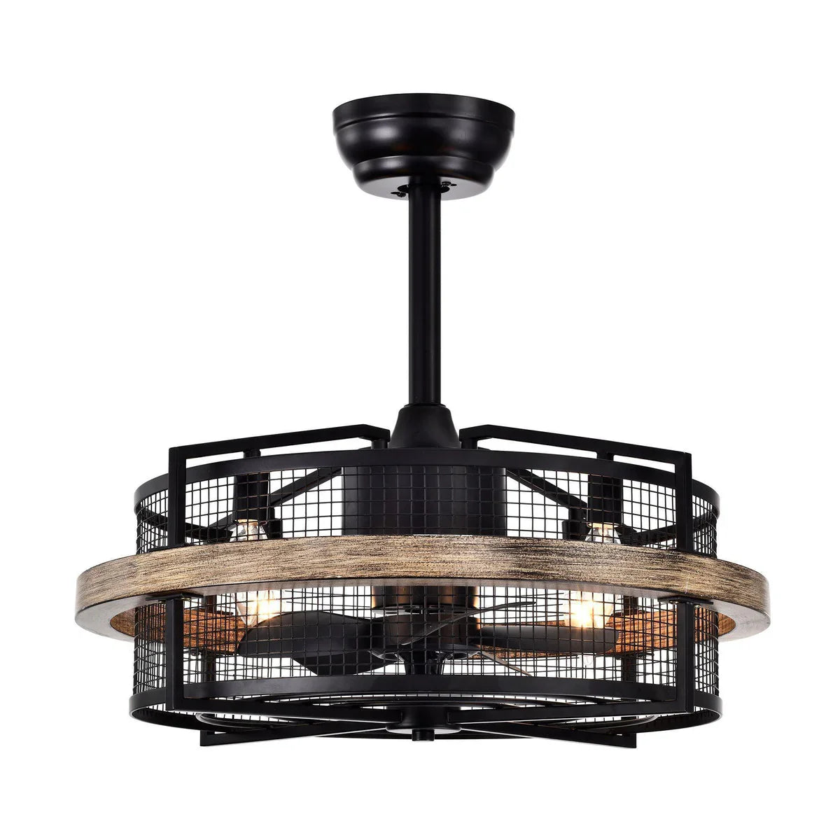Rustic distressed faux wood ceiling fan with lighting and remote control for cafés or dining rooms