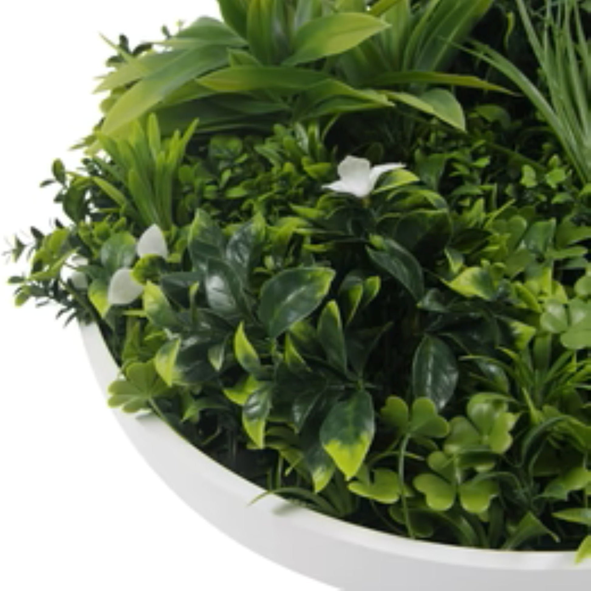 white circular faux living wall art for indoor or outdoor use