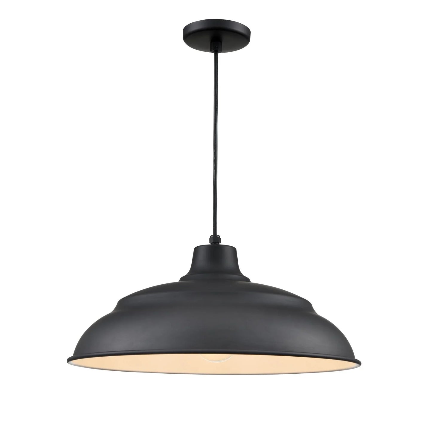 Large black industrial pendant lamp with wide aluminum shade, designed for vintage-style lighting in restaurants and bars.