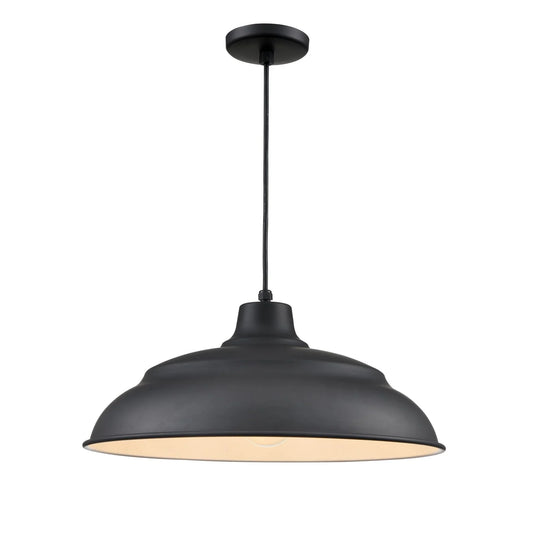 Large black industrial pendant lamp with wide aluminum shade, designed for vintage-style lighting in restaurants and bars.