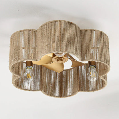 Flush-mount rattan ceiling fan with antique gold finish and LED light for cafés and bedrooms