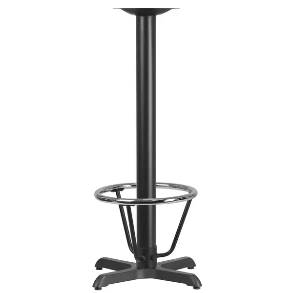 22 x 22 inch black cast iron bar-height restaurant table X-base with 3 inch column and chrome foot ring