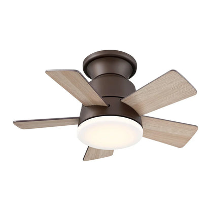 Bronze farmhouse ceiling fan with reversible wood blades and LED lighting for restaurants and bars