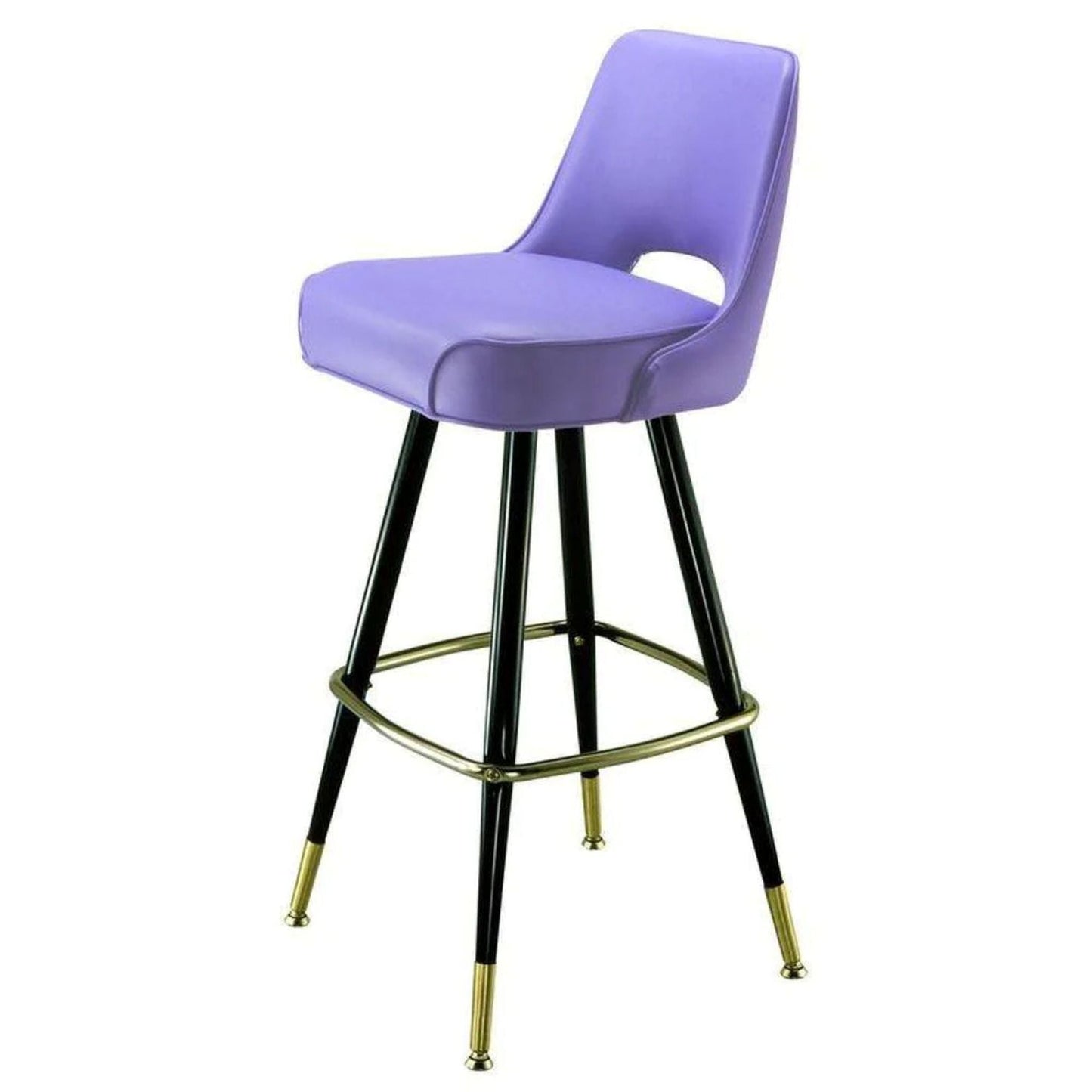 Upholstered cutout bar stool with black metal legs and return swivel